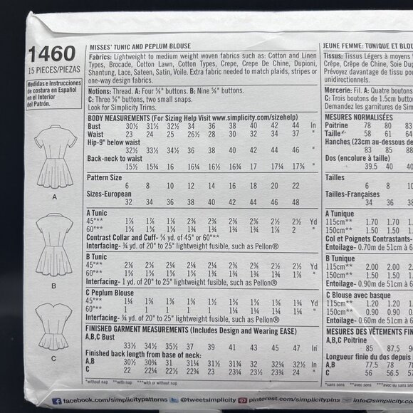 Simplicity 1950's Vintage 1460 “Tunic & Peplum Blouse”(6-14)Sewing Pattern Uncut - Picture 3 of 5